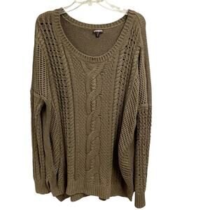 Express Sweater Womens Size Large Green Slouchy Tunic Length Cotton Cable Knit